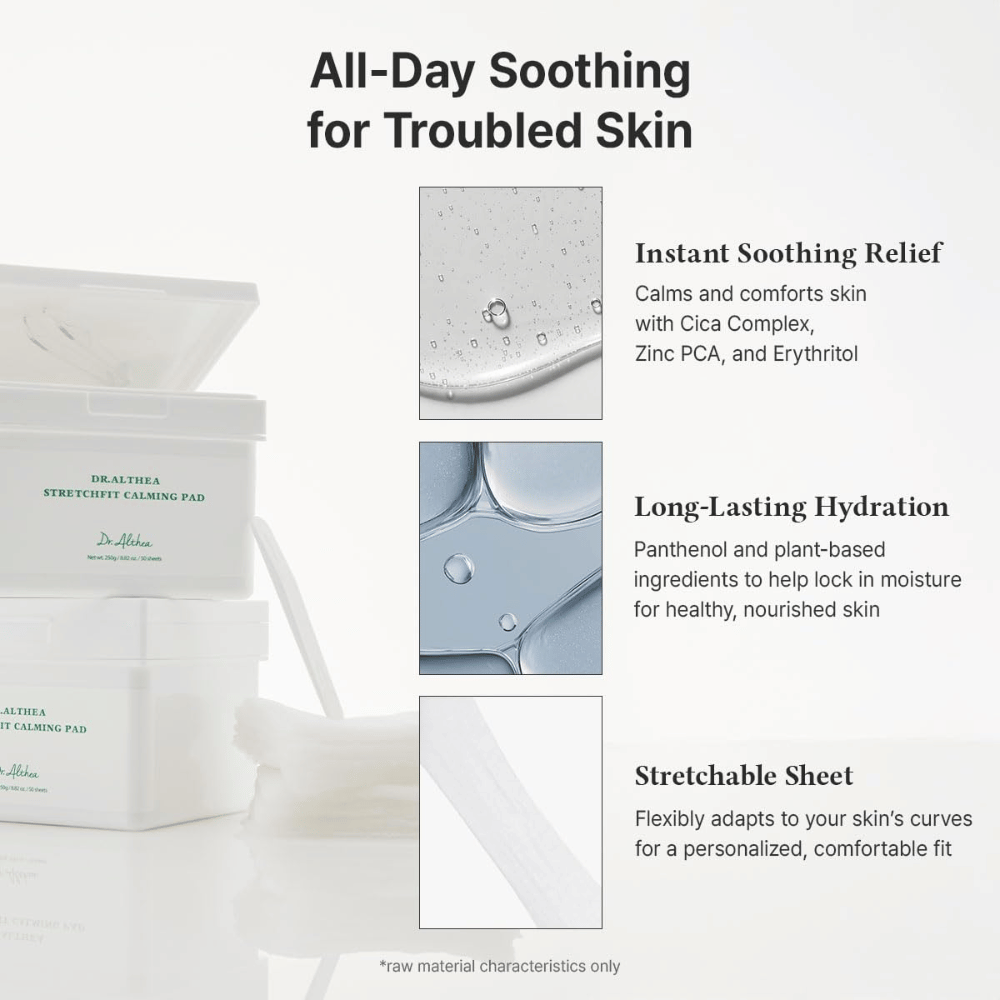 Billede – effekt / fordele (konvertering)
Dr. Althea Stretchfit Calming Pad som giver langvarig fugt, reducerer irritation og køler sensitiv hud hele dagen.