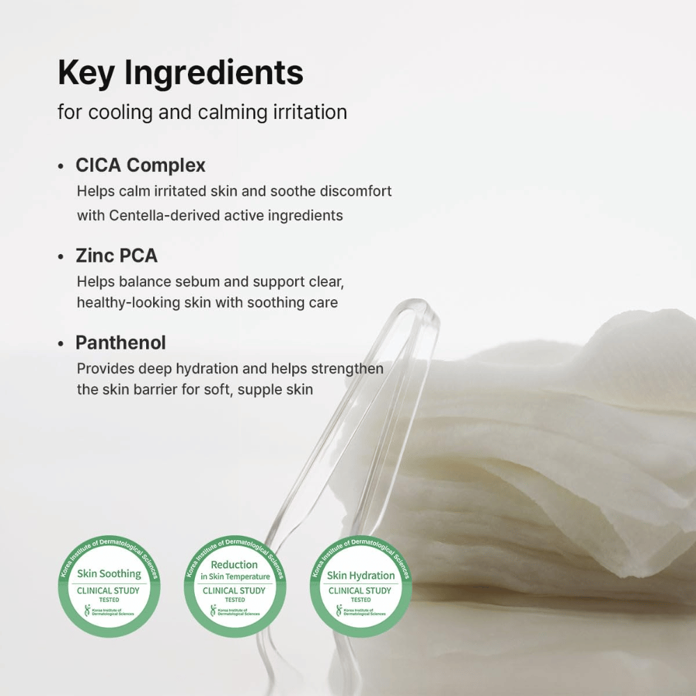 Billede – ingredienser (EEAT + SEO)
Dr. Althea Stretchfit Calming Pad med CICA Complex, Zinc PCA og Panthenol, som beroliger huden, balancerer talg og styrker hudbarrieren.