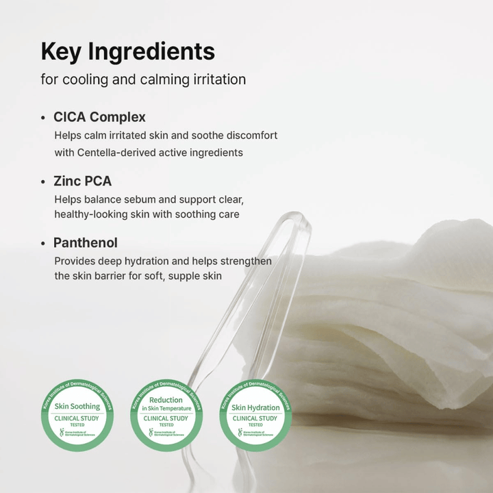 Billede – ingredienser (EEAT + SEO)
Dr. Althea Stretchfit Calming Pad med CICA Complex, Zinc PCA og Panthenol, som beroliger huden, balancerer talg og styrker hudbarrieren.