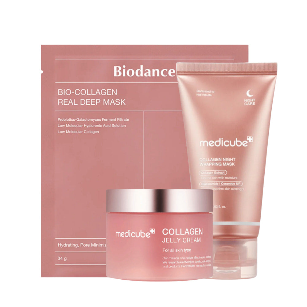Produktsettet "Sweet Dreams Skincare" fra Medicube, designet til at forbedre hudens fasthed og glød om natten. Det inkluderer "Collagen Jelly Cream", "Collagen Night Wrapping Mask" og "Bio-Collagen Real Deep Mask". Disse produkter er beriget med kollagen, probiotika og hyaluronsyre, og er beregnet til at fugte og minimere porer, hvilket giver en blød og smidig hud.