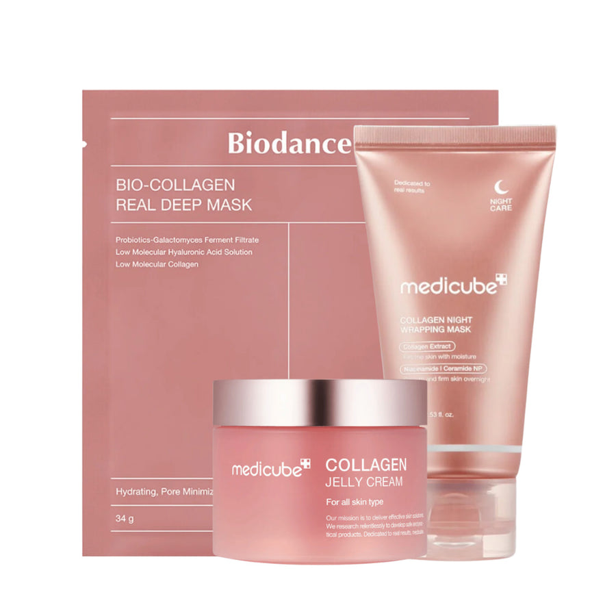Produktsetet "Sweet Dreams Skincare" från Medicube, designat för att förbättra hudens fasthet och lyster under natten. Det inkluderar "Collagen Jelly Cream", "Collagen Night Wrapping Mask" och "Bio-Collagen Real Deep Mask". Dessa produkter är berikade med kollagen, probiotika och hyaluronsyra, och är avsedda att återfukta och minimera porer, vilket ger en mjuk och smidig hud.