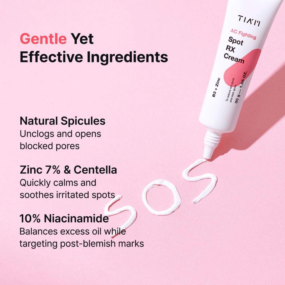 TIA'M AC Fighting Spot RX Cream med zink, niacinamid og centella – beroliger, balancerer talg og reducerer røde pletter.