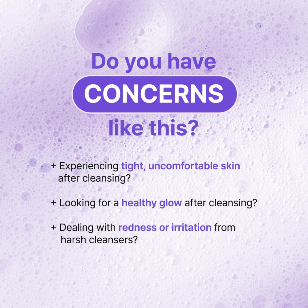 Illustration med spørgsmål om hudproblemer som tørhed, irritation og stramhed efter rensning, med fokus på TIA'M Snail & Azulene Low pH Cleansers beroligende effekt.