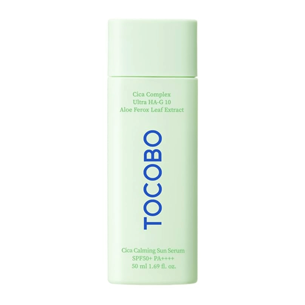 TOCOBO Cica Calming Sun Serum i mintgrøn flaske med blå tekst, SPF50+ PA++++, 50 ml.