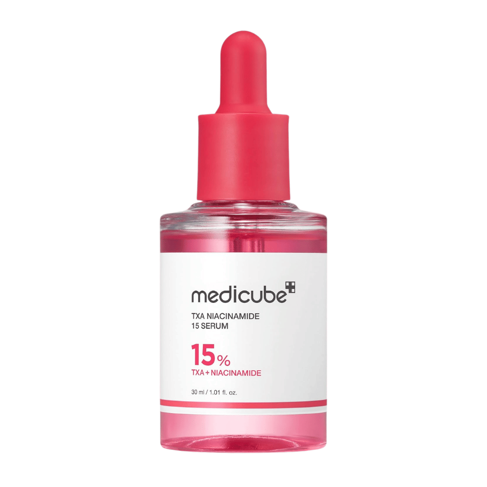 4. Medicube TXA Niacinamide 15 Serum 30 ml – lyserød serumflaske med pipette mod hvid baggrund