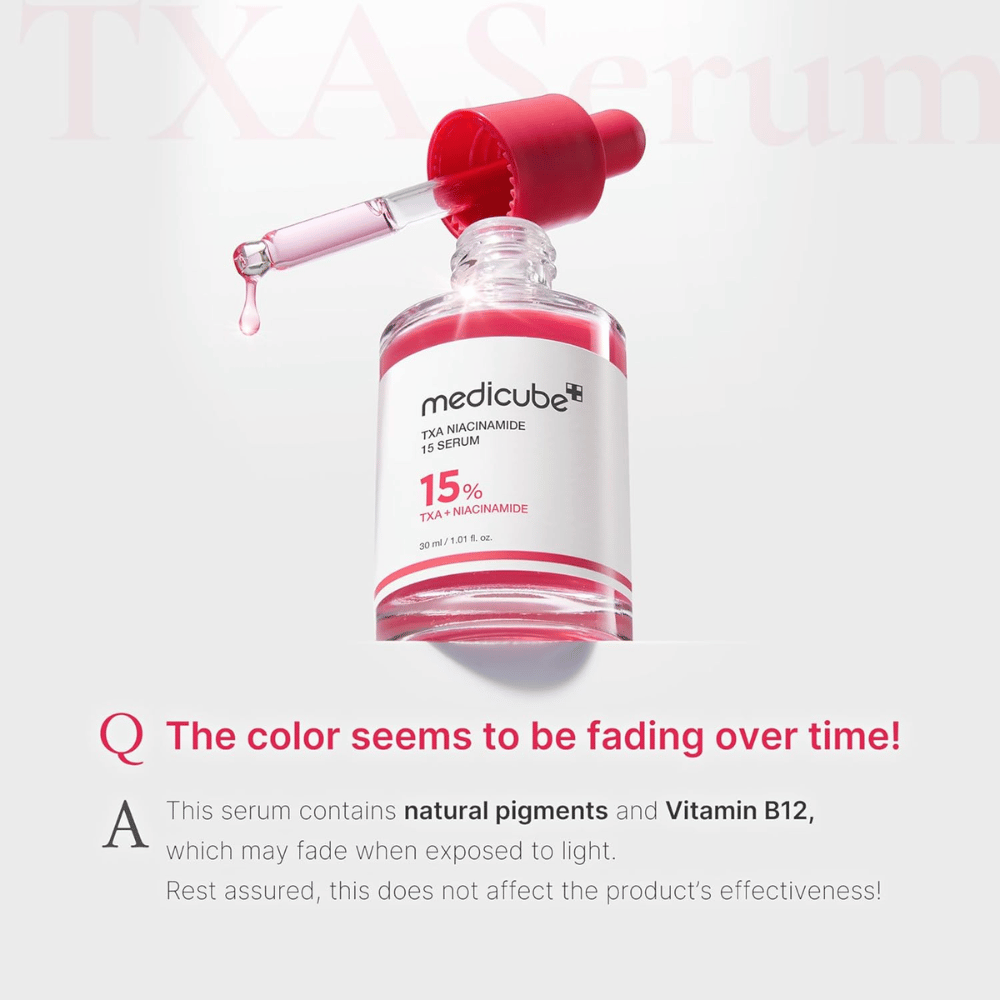 1. Medicube TXA Niacinamide 15 Serum 30 ml – serum med tranexaminsyre og niacinamid, hvor farven kan falme ved lyseksponering