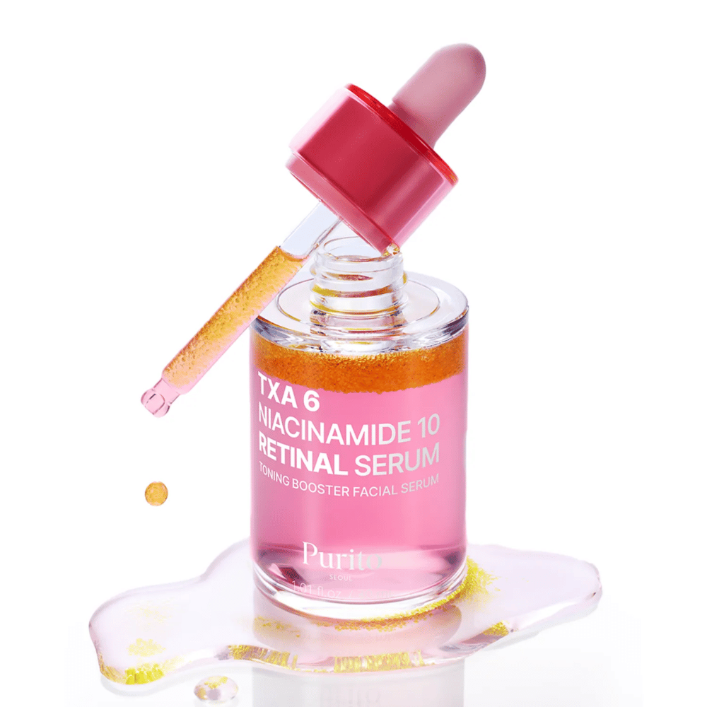 Purito TXA 6 Niacinamide 10 Retinal Serum – rosa toning booster serum med pipette. Kombinerer TXA, niacinamid og retinal for jævn hudtone.