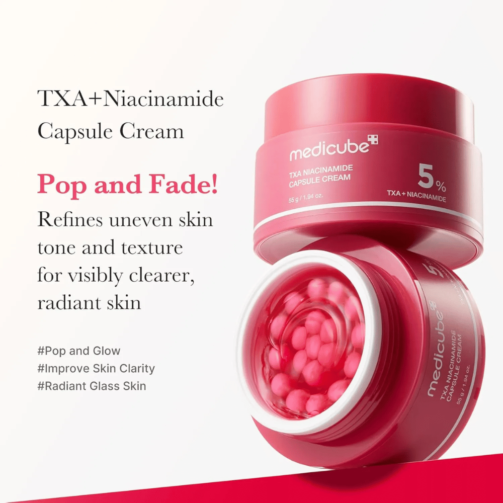Medicube TXA Niacinamide Capsule Cream med tekst om hudtoneudjævning og glød, viser åben krukke med lyserøde kapsler og produktets emballage ved siden af.