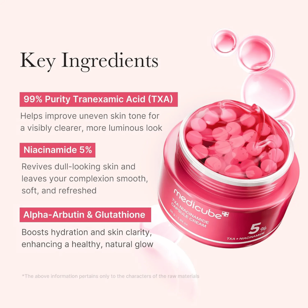 Nærbillede af Medicube TXA Niacinamide Capsule Cream med lyserøde kapsler i en krukke, sammen med information om nøgleingredienser som tranexaminsyre, niacinamid, alpha-arbutin og glutathion.