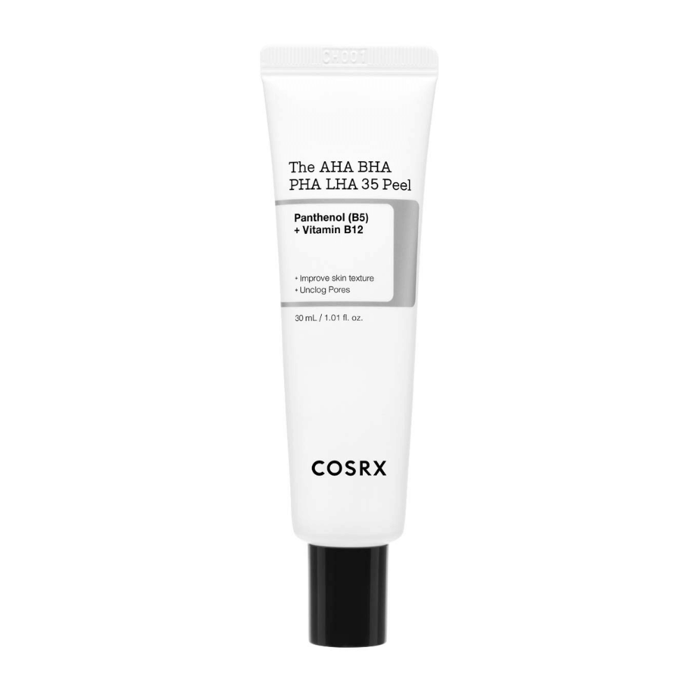 COSRX AHA BHA PHA LHA 35 Peel, en eksfolierende produkt med panthenol (B5) og vitamin B12. Forbedrer hudens tekstur og renser tilstoppede porer. Indhold: 30 ml.
