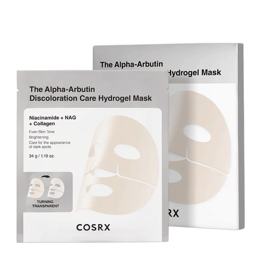 COSRX Alpha-Arbutin Discoloration Care Hydrogel Mask produktbillede – hydrogel Sheet mask som fokuserer på pigmentpletter, glød og forbedret hudklarhed.