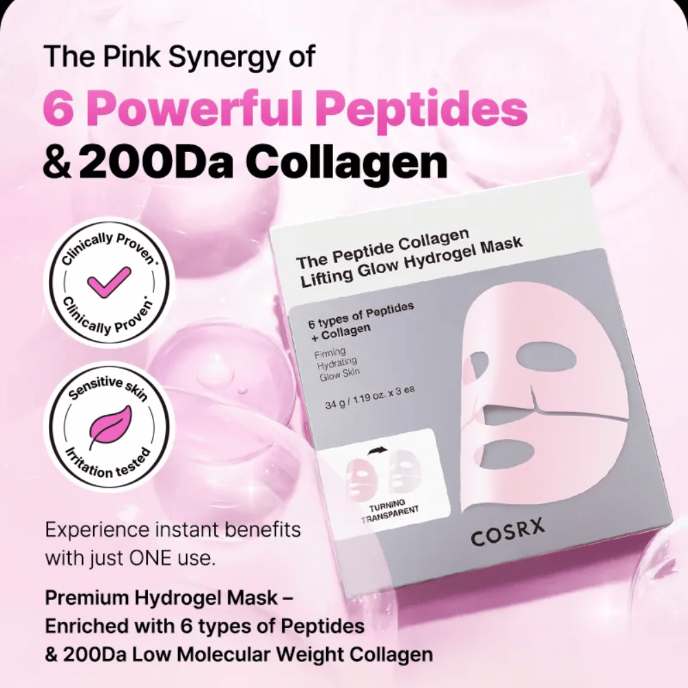 COSRX Peptide Collagen Mask – beriget med 6 typer peptider og kollagen, klinisk testet for sensitiv hud.