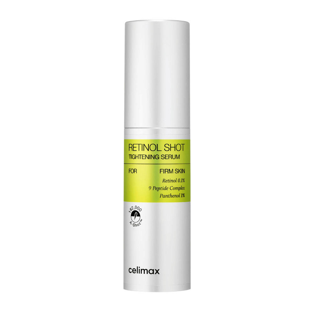 Celimax The Vita-A Retinol Shot Tightening Serum i sølvfarvet pumpeflaske med limegrøn etiket og sort tekst.