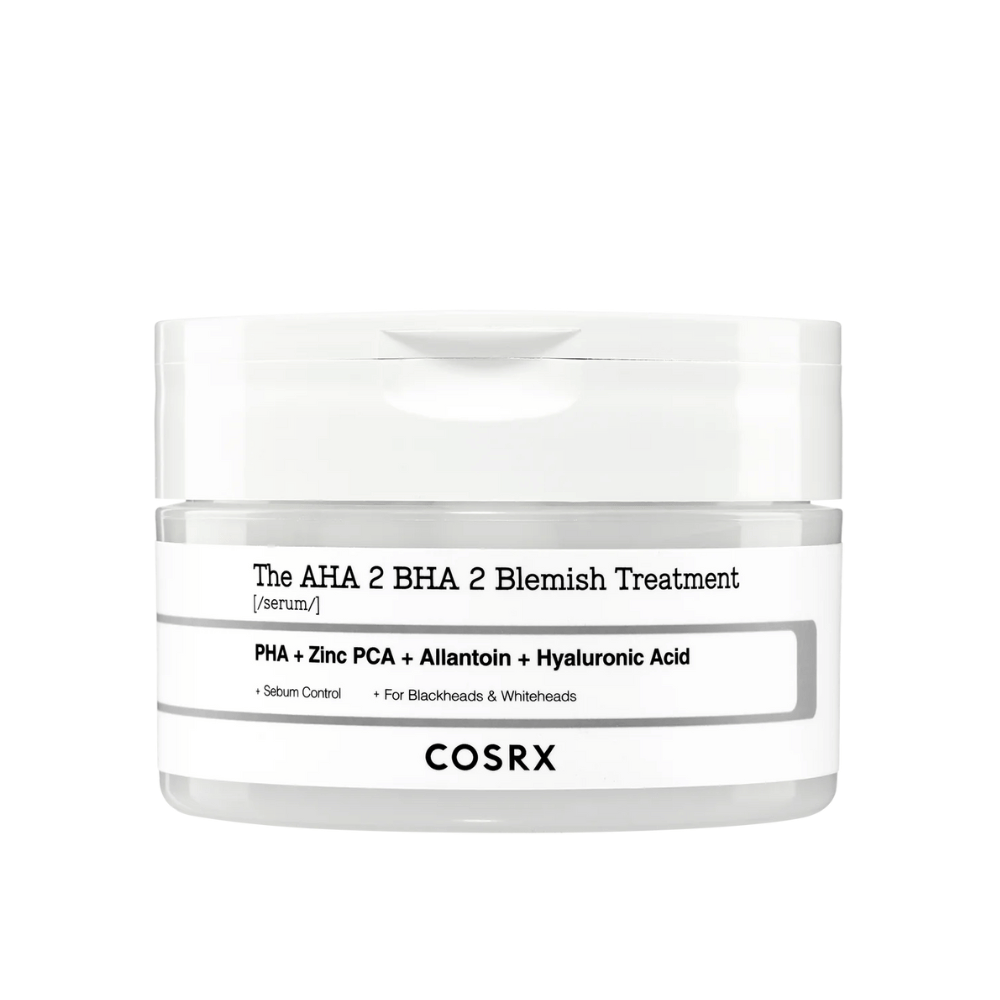 COSRX AHA 2 BHA 2 Blemish Treatment, et serum med PHA, zink PCA, allantoin og hyaluronsyre. Designet til at kontrollere talgproduktion og modvirke hudorme og hvide hudorme. Perfekt til at forbedre hudens klarhed.