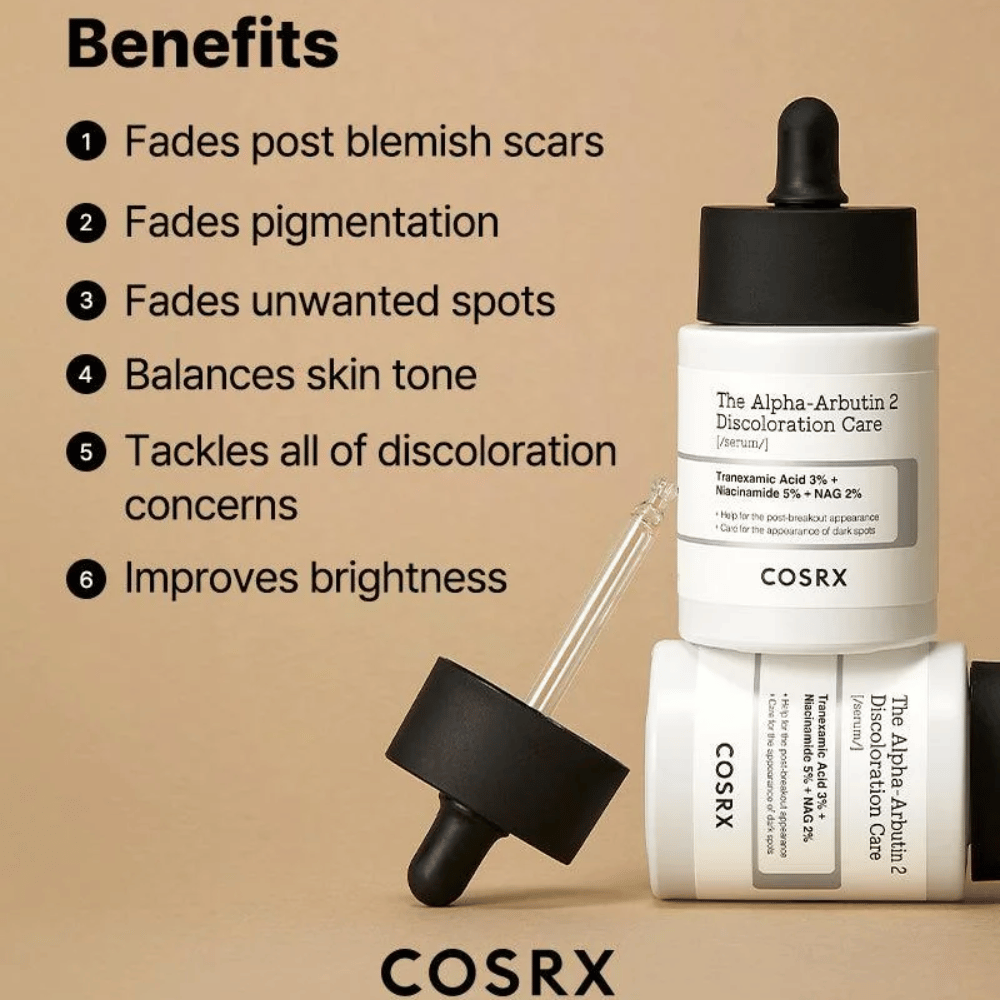 COSRX The Alpha-Arbutin 2 Discoloration Care Serum hjælper med at reducere ar efter bumser, blege pigmentpletter, jævne hudtonen og forbedre hudens glød. Indeholder tranexaminsyre, niacinamid og NAG for en klarere hud.