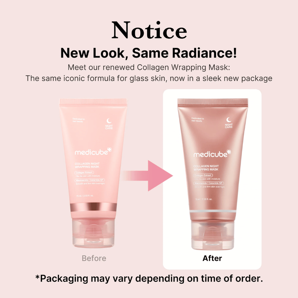 Nyt udseende, samme strålende resultat! Medicube Collagen Wrapping Mask har nu en fornyet, stilren emballage men bevarer sin ikoniske formel for glasagtig hud. *Emballagen kan variere afhængigt af bestillingstidspunkt.