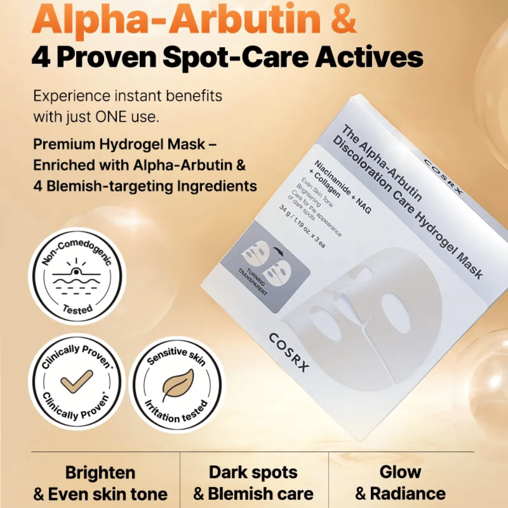 COSRX Alpha-Arbutin Discoloration Care Hydrogel Mask produktbillede – koreansk Sheet mask for pigmentering, glød og intens fugtighed.