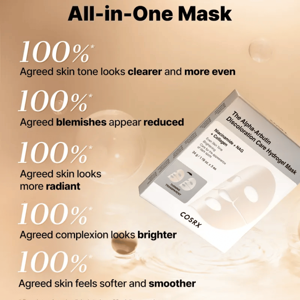 COSRX Alpha-Arbutin Discoloration Care Hydrogel Mask med emballage – alt-i-en Sheet mask for glans, jævn hudtone og reduceret misfarvning.