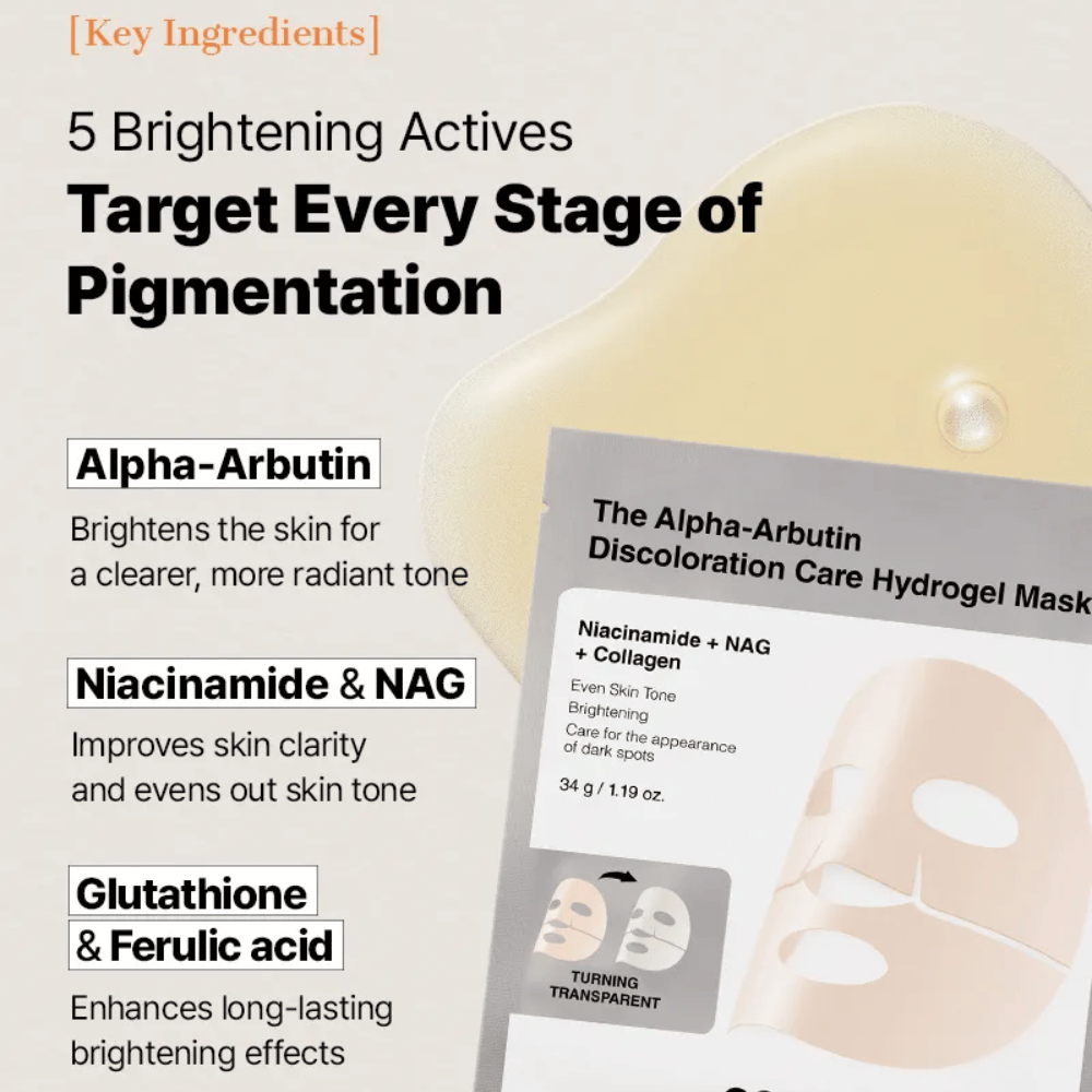 COSRX Alpha-Arbutin Discoloration Care Hydrogel Mask med alpha-arbutin og niacinamid – Sheet mask som hjælper med at reducere pigmentpletter og udjævne hudtonen.