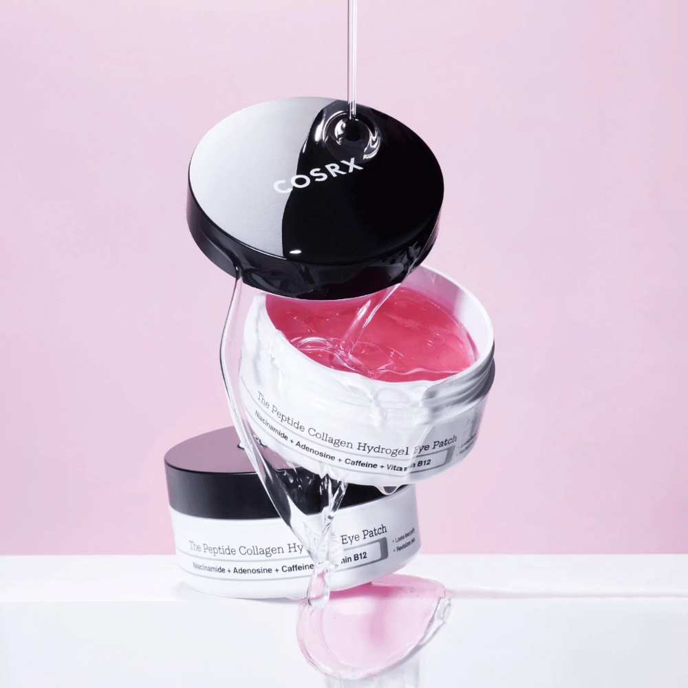 COSRX Peptide Collagen Hydrogel Eye Patch – rosa geléformel rig på niacinamid, adenosin, koffein og vitamin B12.