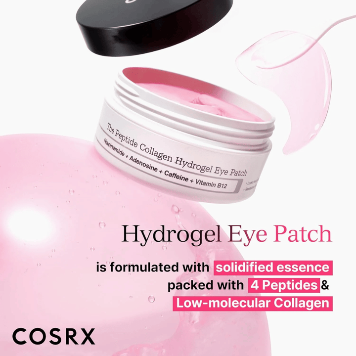 COSRX Hydrogel Eye Patch med 4 peptider og lav-molekylært kollagen for fugtet og fast hud omkring øjnene.
