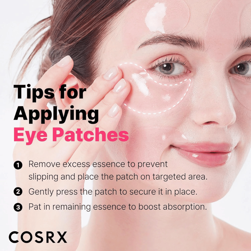 Tips til påføring af COSRX Peptide Collagen Eye Patch – tryk fast, fjern overskydende essens og klap resten ind.