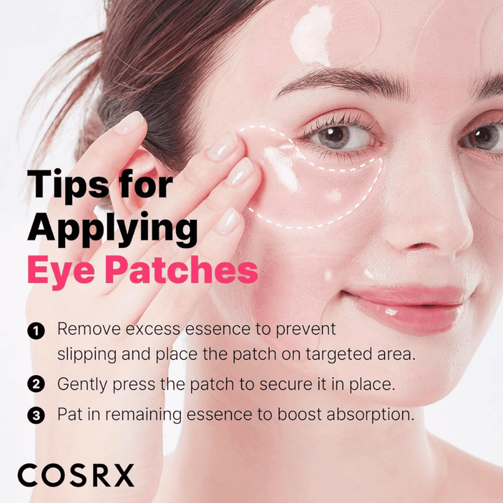 Tips til påføring af COSRX Peptide Collagen Eye Patch – tryk fast, fjern overskydende essens og klap resten ind.