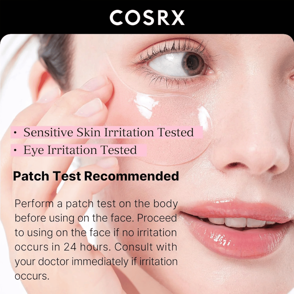 COSRX Peptide Collagen Hydrogel Eye Patch – testet for sart hud og øjenirritation, sikker for daglig brug.