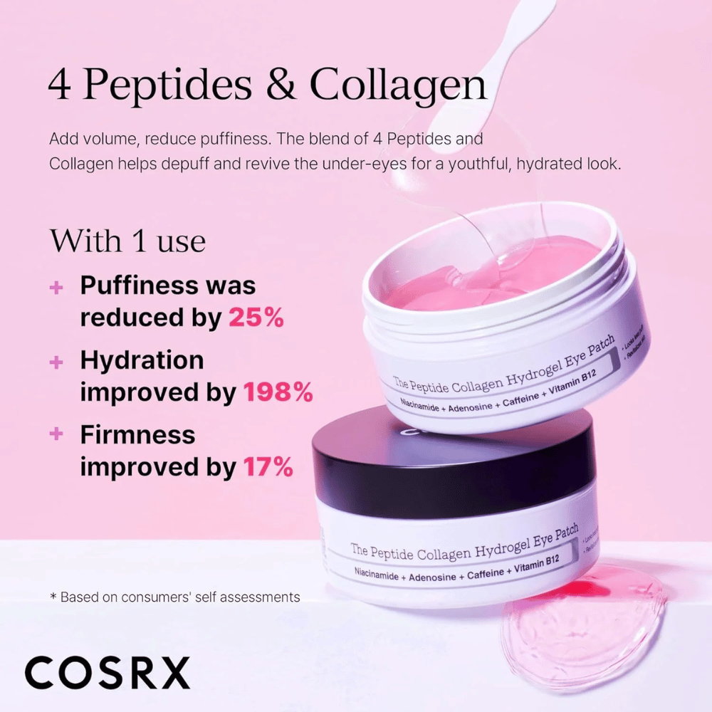 COSRX Peptide Collagen Eye Patch med 4 peptider og kollagen som reducerer hævelse, øger fugt med 198 % og forbedrer fasthed.