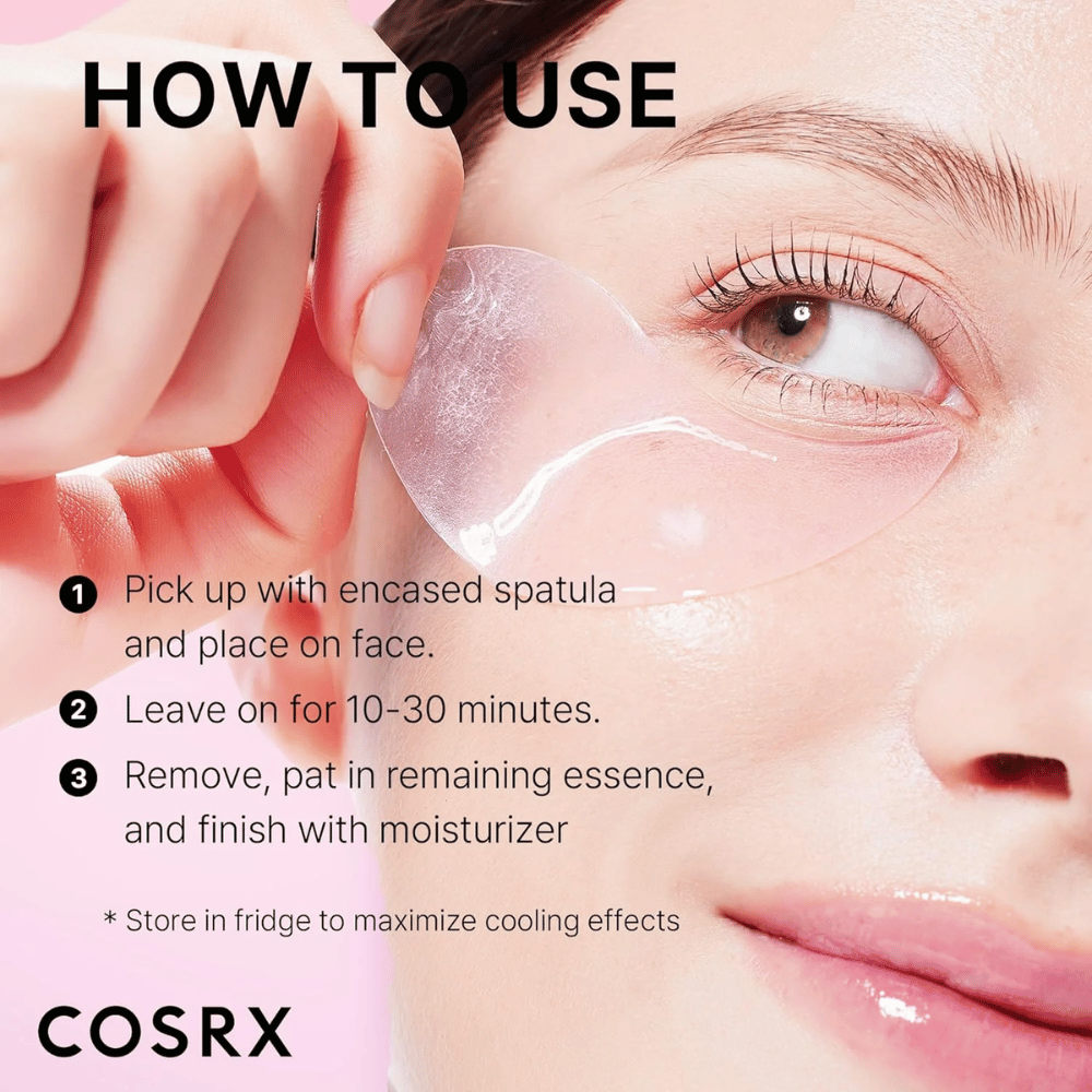 COSRX Peptide Collagen Hydrogel Eye Patch – påfør med spatel, lad virke 10–30 minutter og afslut med fugtcreme.