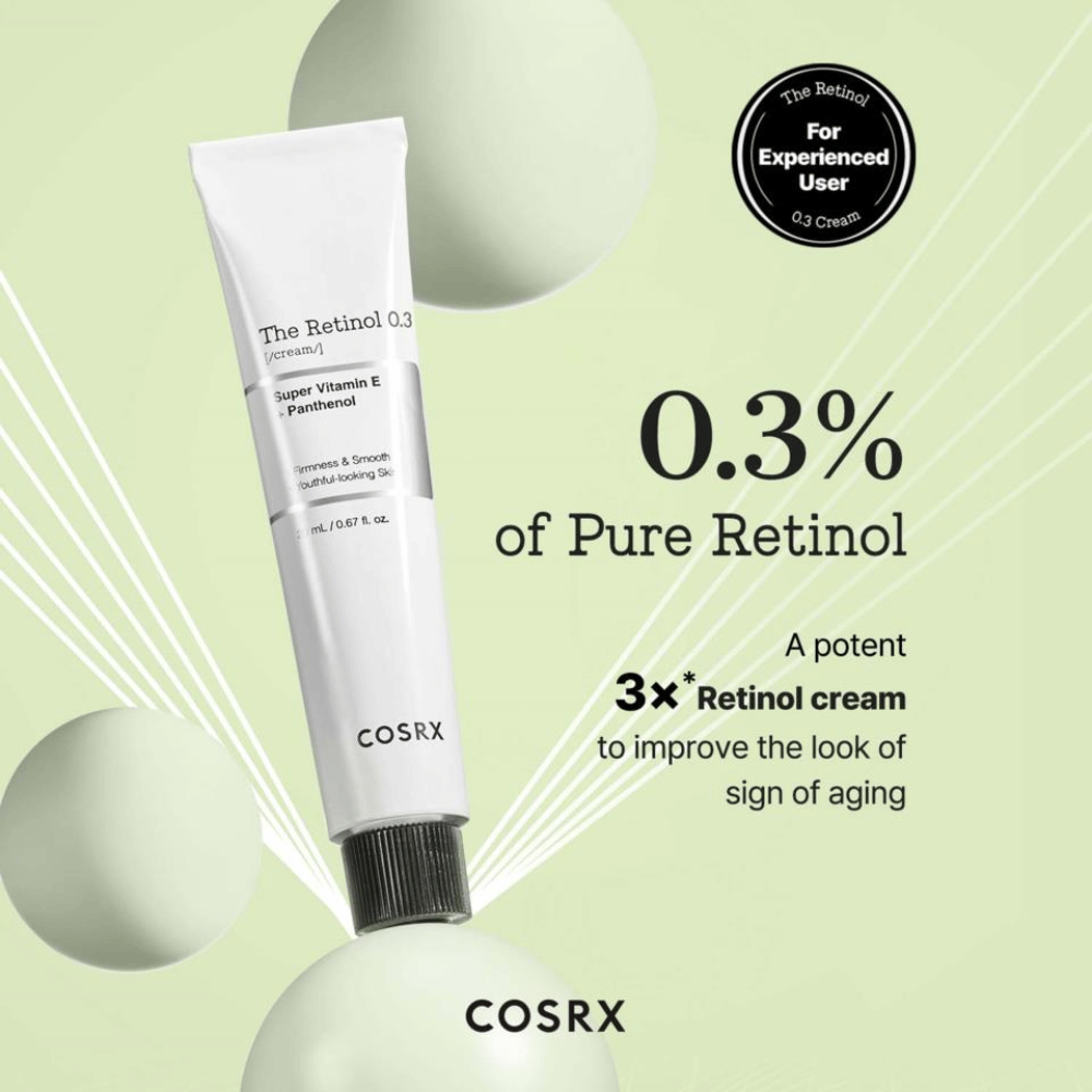 COSRX The Retinol 0.3 Cream indeholder 0,3% ren retinol for effektivt at forbedre hudens fasthed og glatte fine linjer. Beriget med super vitamin E og panthenol, giver den fugt og næring til huden. Ideel til erfarne brugere, er dette en kraftfuld creme, der bekæmper alderstegn og giver en ungdommelig glød.