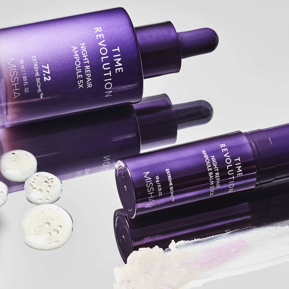 1. MISSHA Time Revolution Night Repair Ampoule 5X 50 ml – natampul med 77,2 % Extreme Biome Complex i lilla pipetteflaske