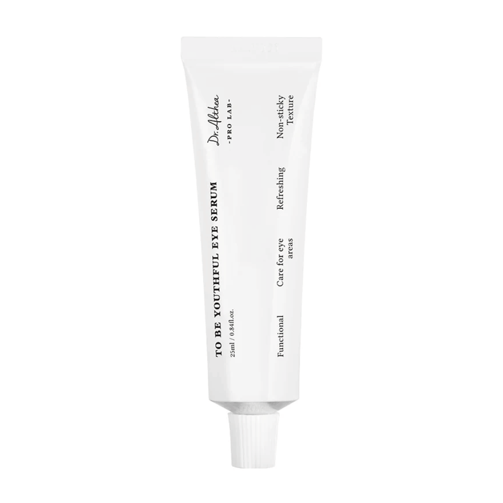 Billede af Dr. Altheas "To Be Youthful Eye Serum" i en hvid tube. Produktet er beregnet til at pleje øjenområdet med en ikke-klæbrig og forfriskende konsistens. Den indeholder ingredienser, der reducerer og forhindrer rynker samt fine linjer omkring øjnene.
