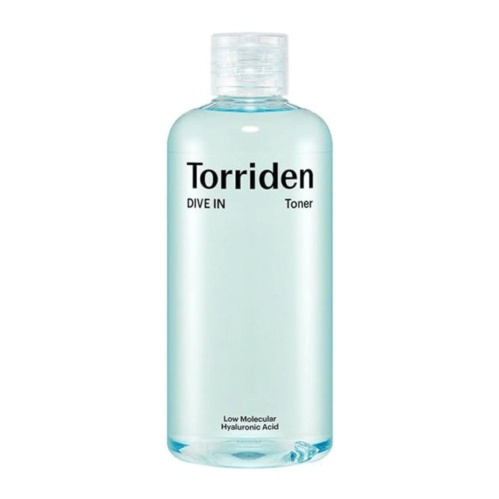 En flaske Torriden DIVE-IN Low Molecule Hyaluronic Acid Toner 300ml, udstillet mod en uberørt hvid baggrund.