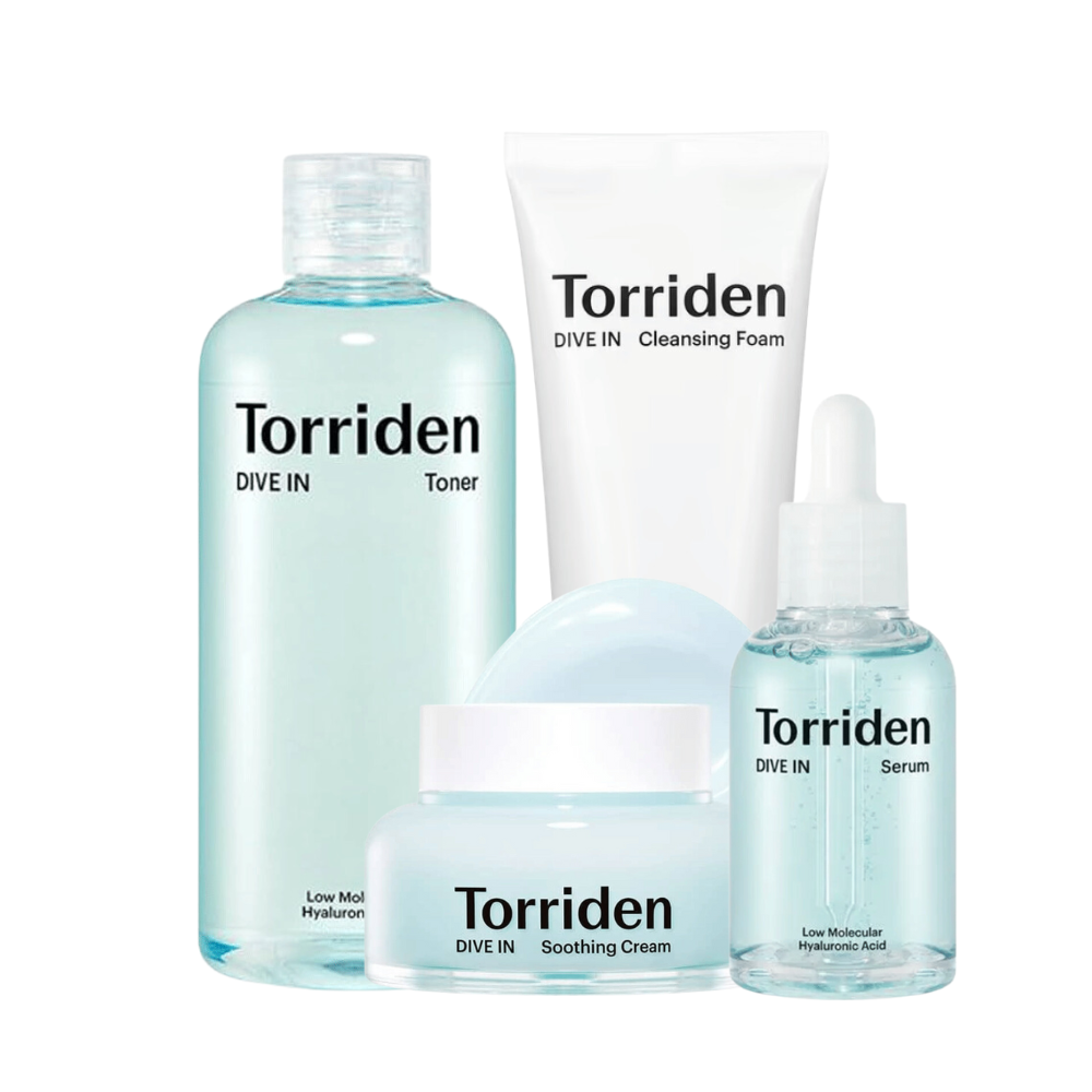 En samling af Torriden skønhedsprodukter i turkis farve, inklusive toner, rensemousse, beroligende creme og serum med hyaluronsyre.