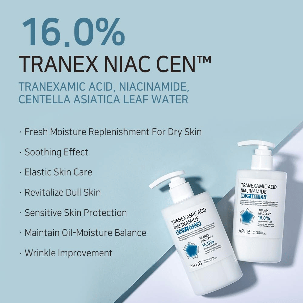 Fordelsbillede, der præsenterer produktets 16 % Tranex Niac Cen™-kompleks og dets egenskaber såsom fugtgivning, beroligende effekt, forbedret hudelasticitet, glow samt balanceret olie- og fugtniveau.