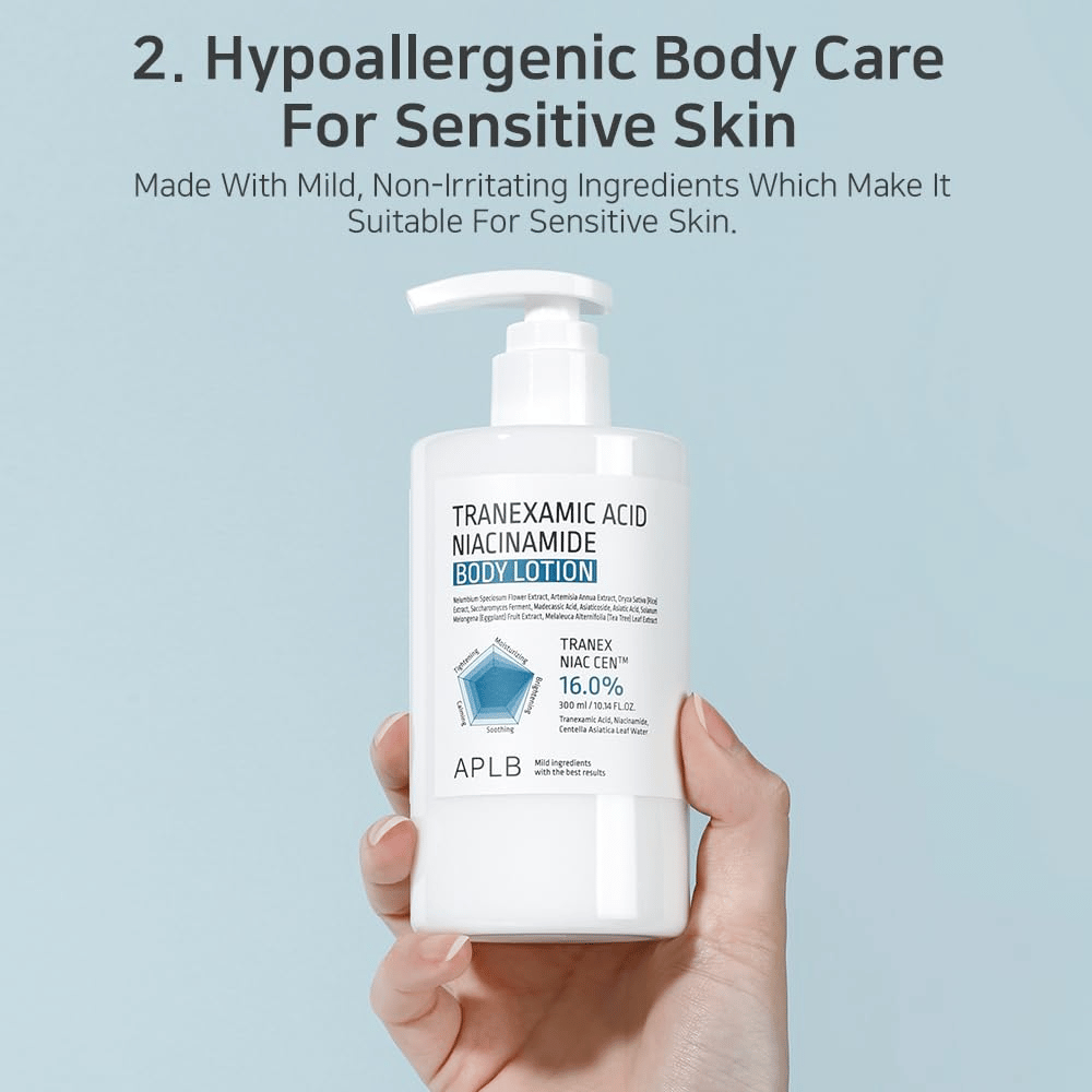 Produktbillede, der viser APLB Tranexamic Acid Niacinamide Body Lotion med fokus på hypoallergen kropspleje til følsom hud. Billedet understreger milde og skånsomme ingredienser, der passer til tør og følsom hud.