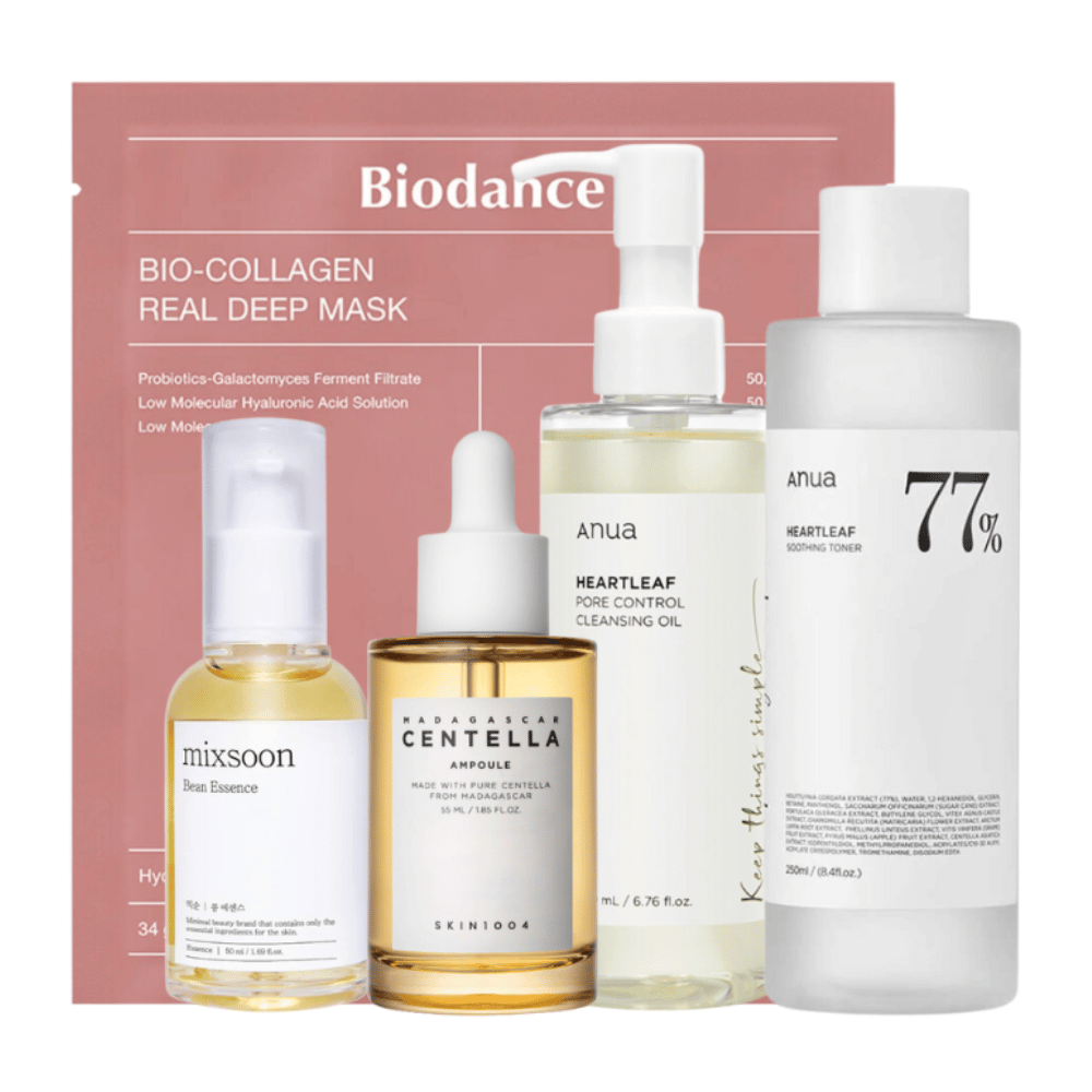 Sættet "Trending K-Beauty Must-Haves" indeholder Anua Heartleaf Pore Control Cleansing Oil, Heartleaf 77% Soothing Toner, Skin1004 Madagascar Centella Ampoule, og Mixsoon Bean Essence sammen med en Bio-Collagen Real Deep Mask fra Biodance. Disse produkter er nøje udvalgt for at give dyb rensning, intensiv fugt og beroligende effekter for huden, hvilket gør dem til essentielle produkter for en omfattende hudplejerutine.