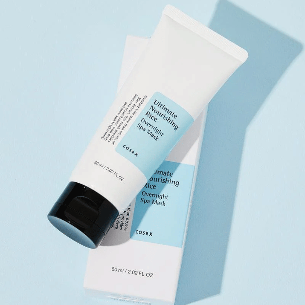 COSRX Ultimate Nourishing Rice Overnight Spa Mask med boks 60 ml nærende natmaske for jævnere hudtone