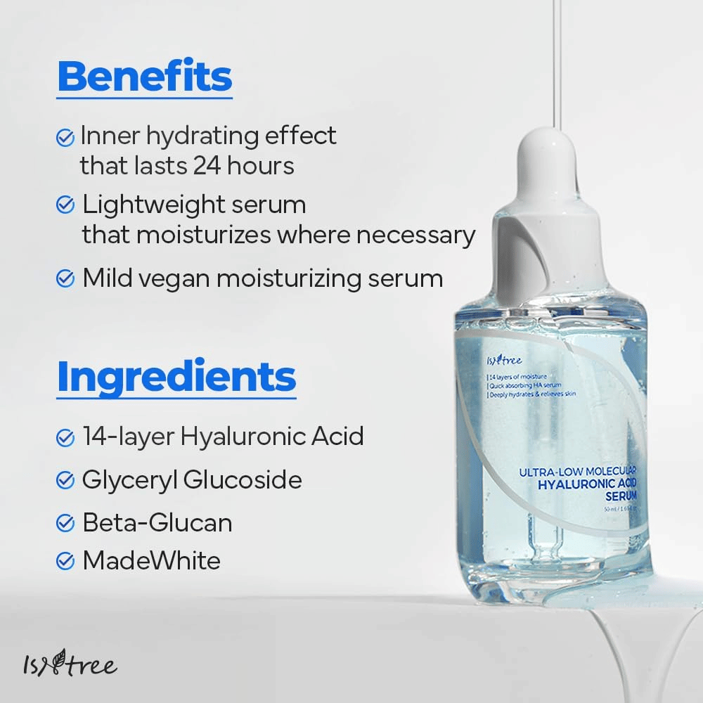 Isntree Ultra-Low Molecular Hyaluronic Acid Serum med let, vegansk formel, der fugter i op til 24 timer og passer til tør, sensitiv og fugtfattig hud.