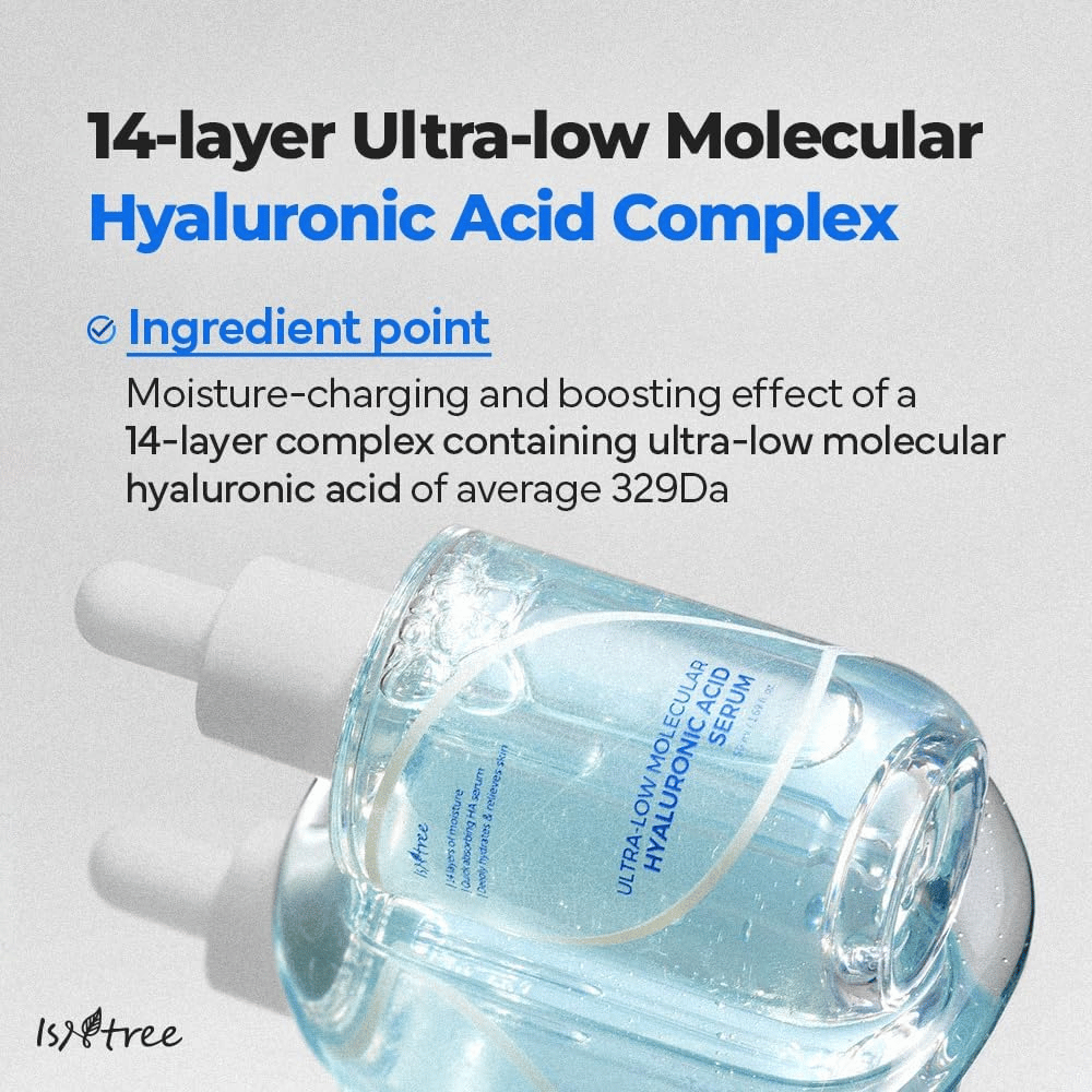 Isntree Ultra-Low Molecular Hyaluronic Acid Serum med ultra-lav molekylær hyaluronsyre, fugtboostende ansigtsserum, der giver intensiv dybdefugt.