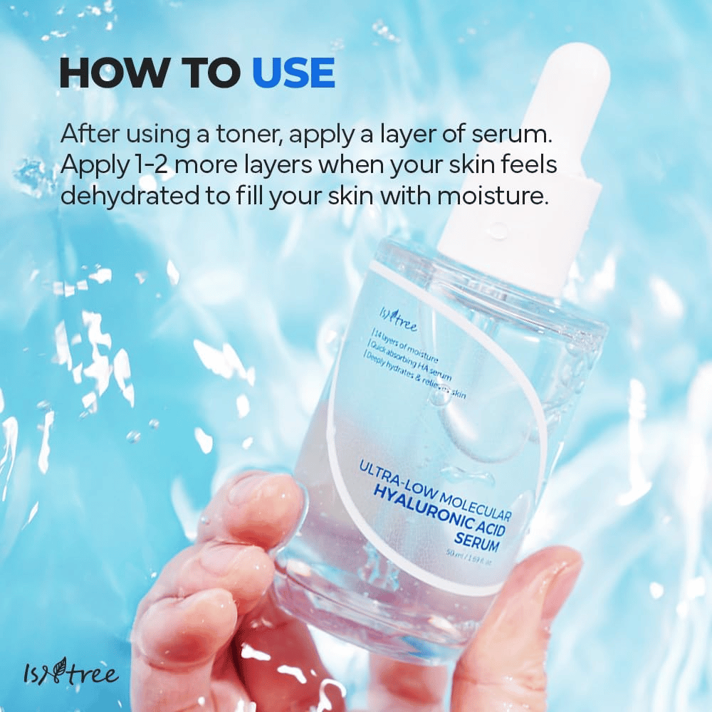 Isntree Ultra-Low Molecular Hyaluronic Acid Serum som påføres efter toner for intensiv fugt, vist i hånd med vandstænk, let serum til tør og dehydreret hud.