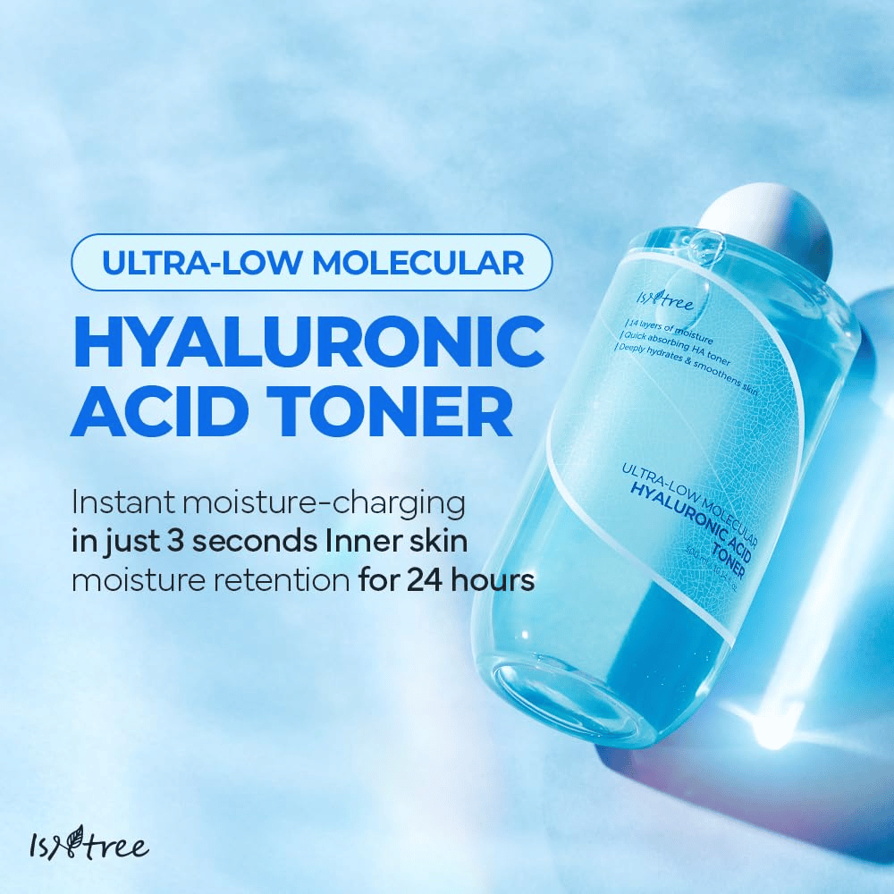 Produktbillede af Isntree Ultra-Low Molecular Hyaluronic Acid Toner med blå baggrund. Teksten fremhæver hurtig genfugtning på 3 sekunder og fugtbevarende effekt i 24 timer. Flasken vises i forstørret vinkel med tydelig etiket.