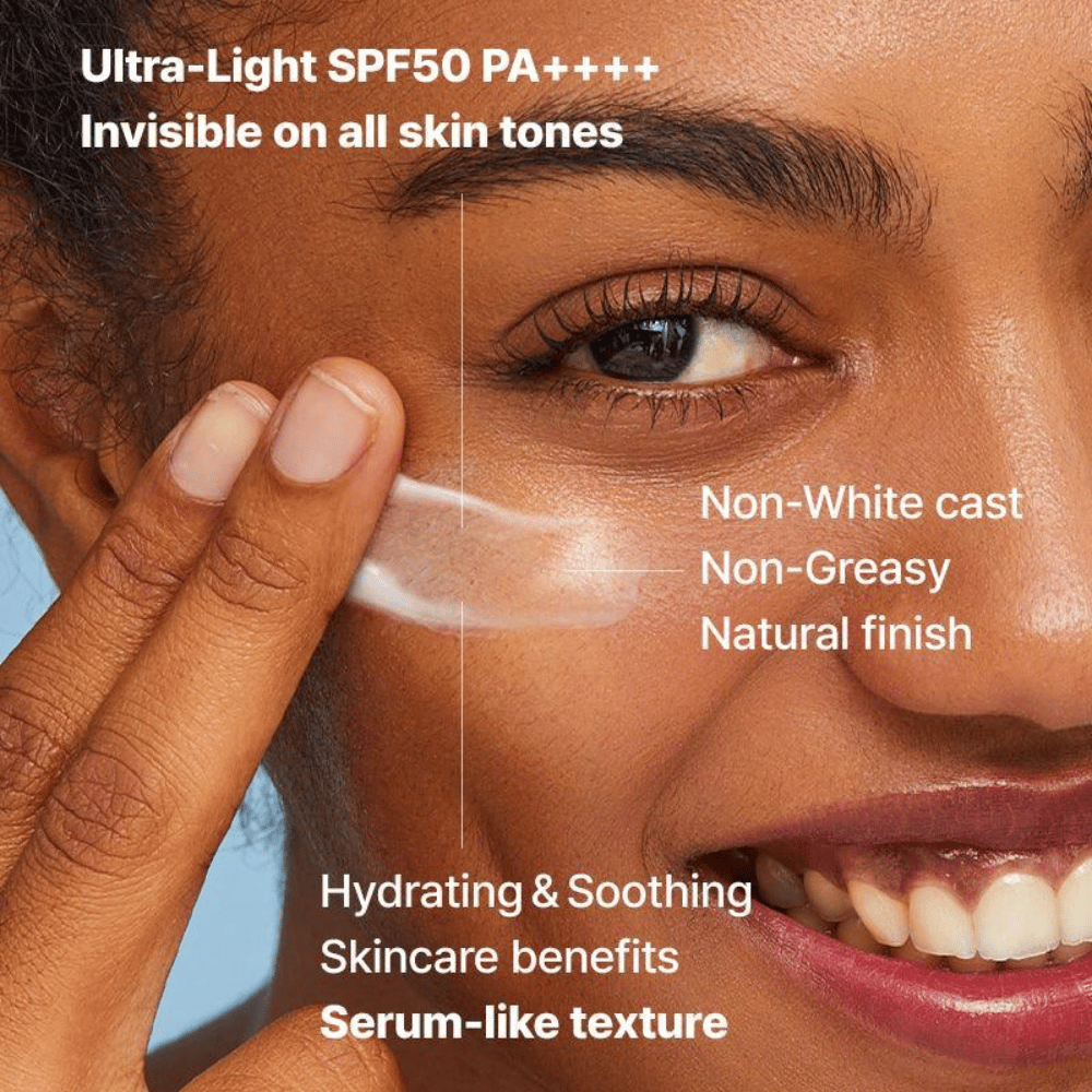 Nærbillede af en kvinde, der påfører en transparent solcreme med fingrene; teksten fremhæver SPF50 PA++++, ingen hvid hinde, naturlig finish og serumlignende fugtgivende tekstur.