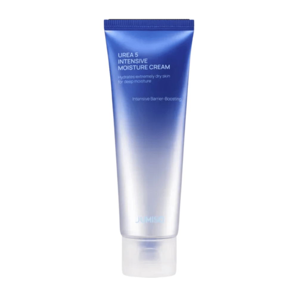 Frilagt produktbillede af Jumiso Urea 5 Intensive Moisture Cream mod hvid baggrund. Den blå tube med minimalistisk design fremhæver produktets fokus på intensiv fugtighedsgivning og hudbarriereforstærkende pleje til meget tør hud.