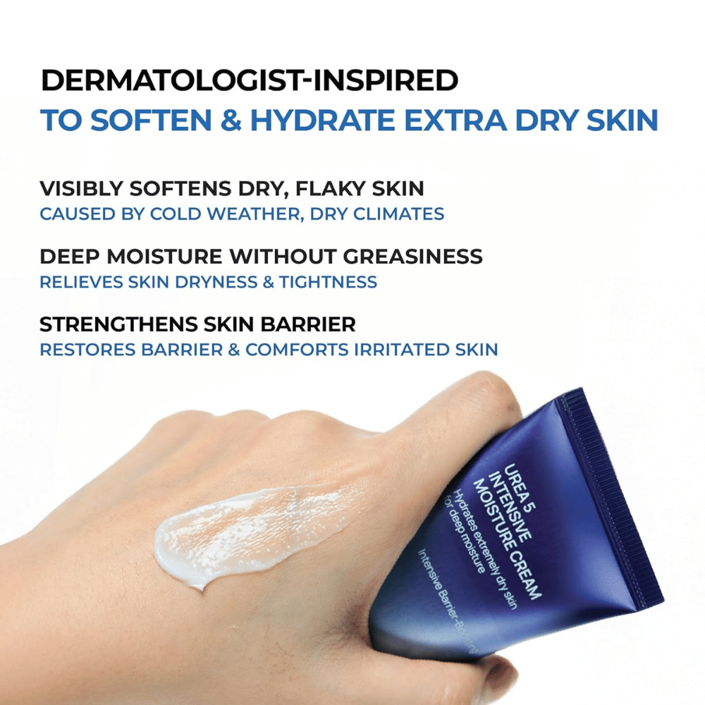 Informationsbillede, der fremhæver de vigtigste fordele ved Jumiso Urea 5 Intensive Moisture Cream. Cremen beskrives som dermatologisk inspireret til meget tør hud og hjælper med at blødgøre skællende hud, give dyb fugt uden at føles fedtet samt styrke hudbarrieren. En hånd viser produktets cremede tekstur på huden.