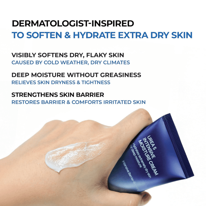 Informationsbillede, der fremhæver de vigtigste fordele ved Jumiso Urea 5 Intensive Moisture Cream. Cremen beskrives som dermatologisk inspireret til meget tør hud og hjælper med at blødgøre skællende hud, give dyb fugt uden at føles fedtet samt styrke hudbarrieren. En hånd viser produktets cremede tekstur på huden.