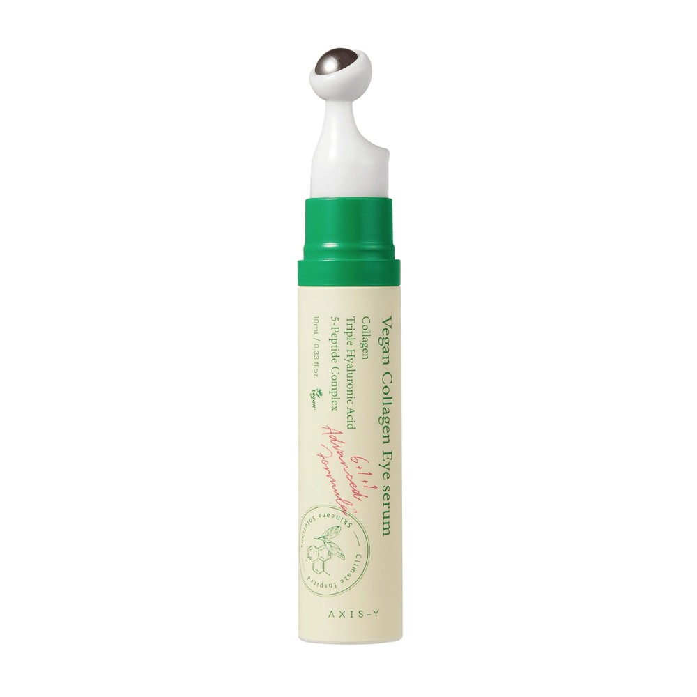 AXIS-Y Vegan Collagen Eye Serum 10ml med en grøn applikator, designet til at reducere rynker og fugte det følsomme område omkring øjnene. Produktet indeholder vegansk kollagen, hyaluronsyre og et 5-peptidkompleks for at give intensiv pleje og næring.