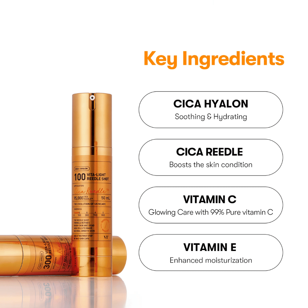 Gylden flaske VT Cica Hyalon Vita-Light Reedle Shot 100hL, 50 ml, med pumpe, stående ved siden af liggende flaske. Til højre listes nøgleingredienser: Cica Hyalon, Cica Reedle, Vitamin C og Vitamin E.
