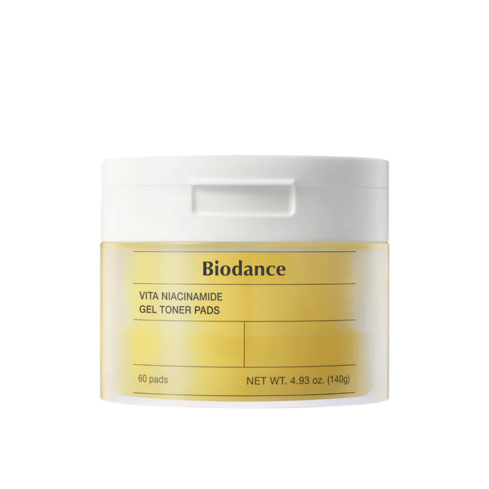 Biodance Vita Niacinamide Gel Toner Pads – emballage med 60 pads i en gul krukke med hvidt låg, designet til udjævning af hudtone og glød.